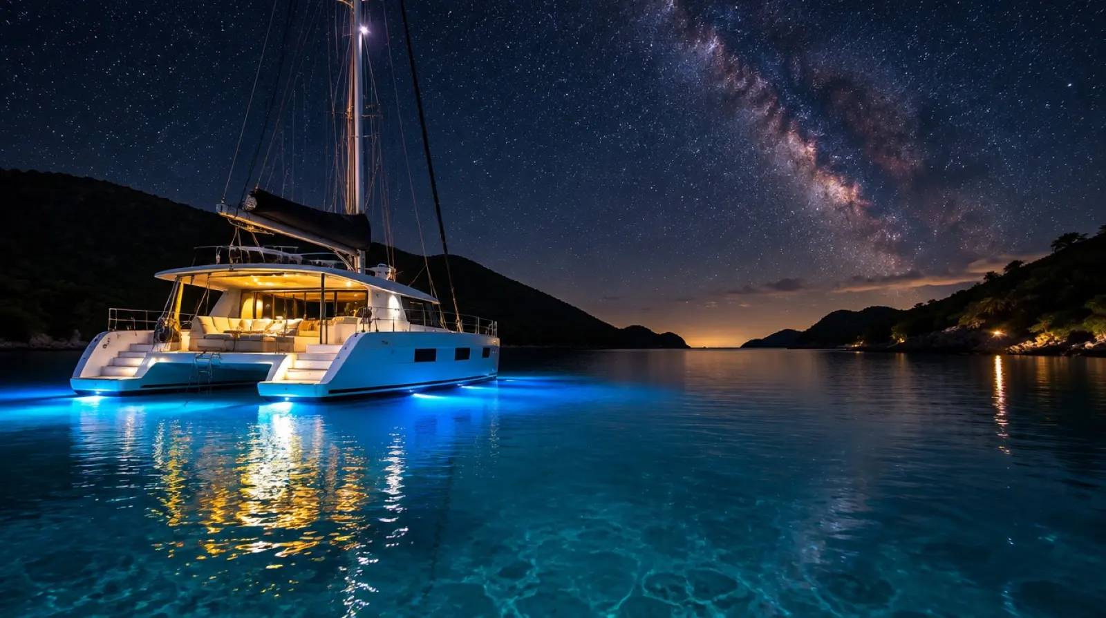 The catamaran lit up at anchor at night